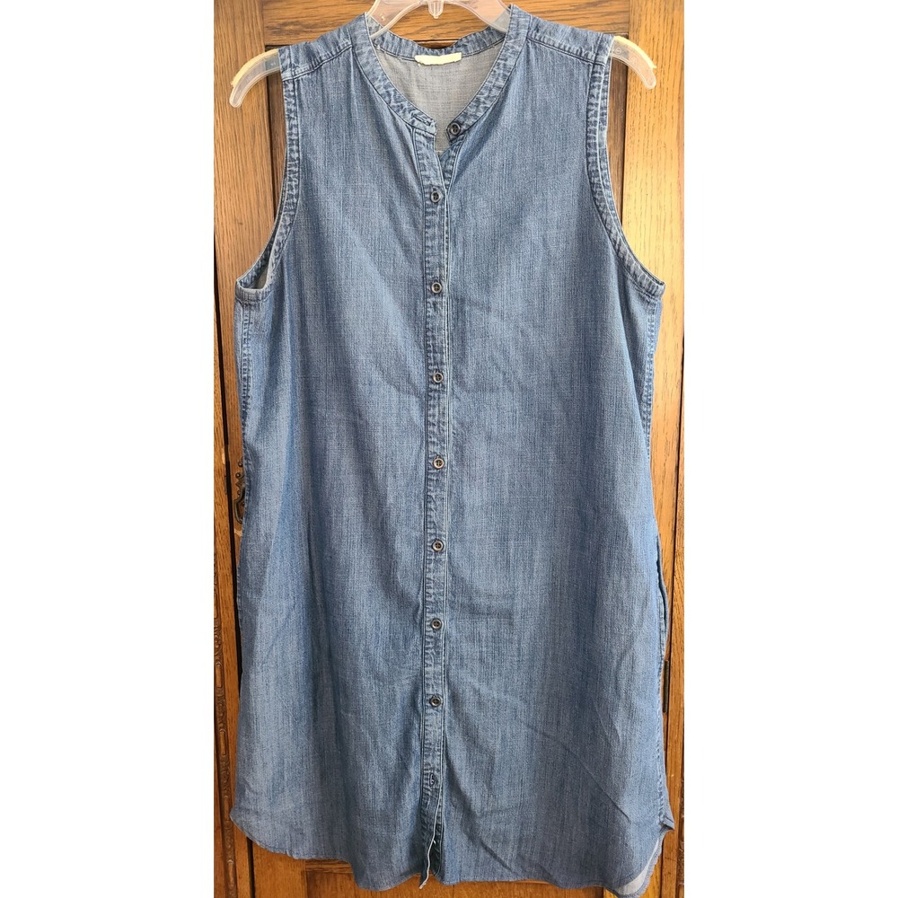 Eileen Fisher Tencel Cotton Sleeveless Denim Button Down Shirt Dress Pockets